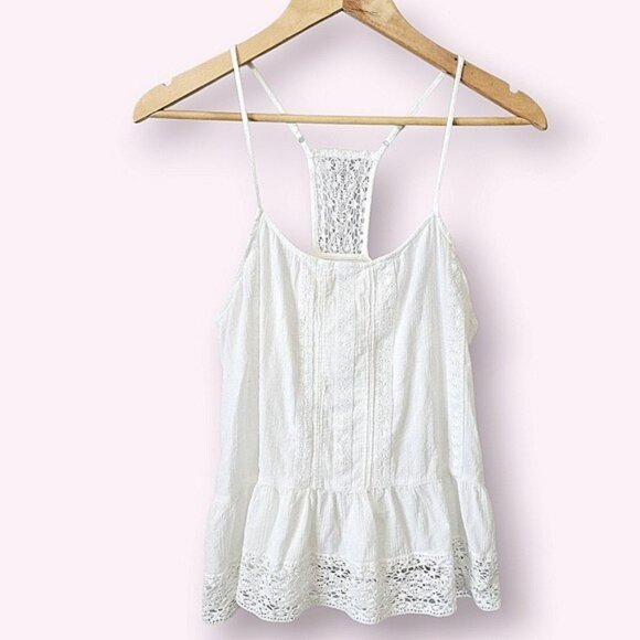 Women's Bohemian White Lace Sleeveless Tank Top Size Large Babydoll Flowy Boho - Picture 15 of 15